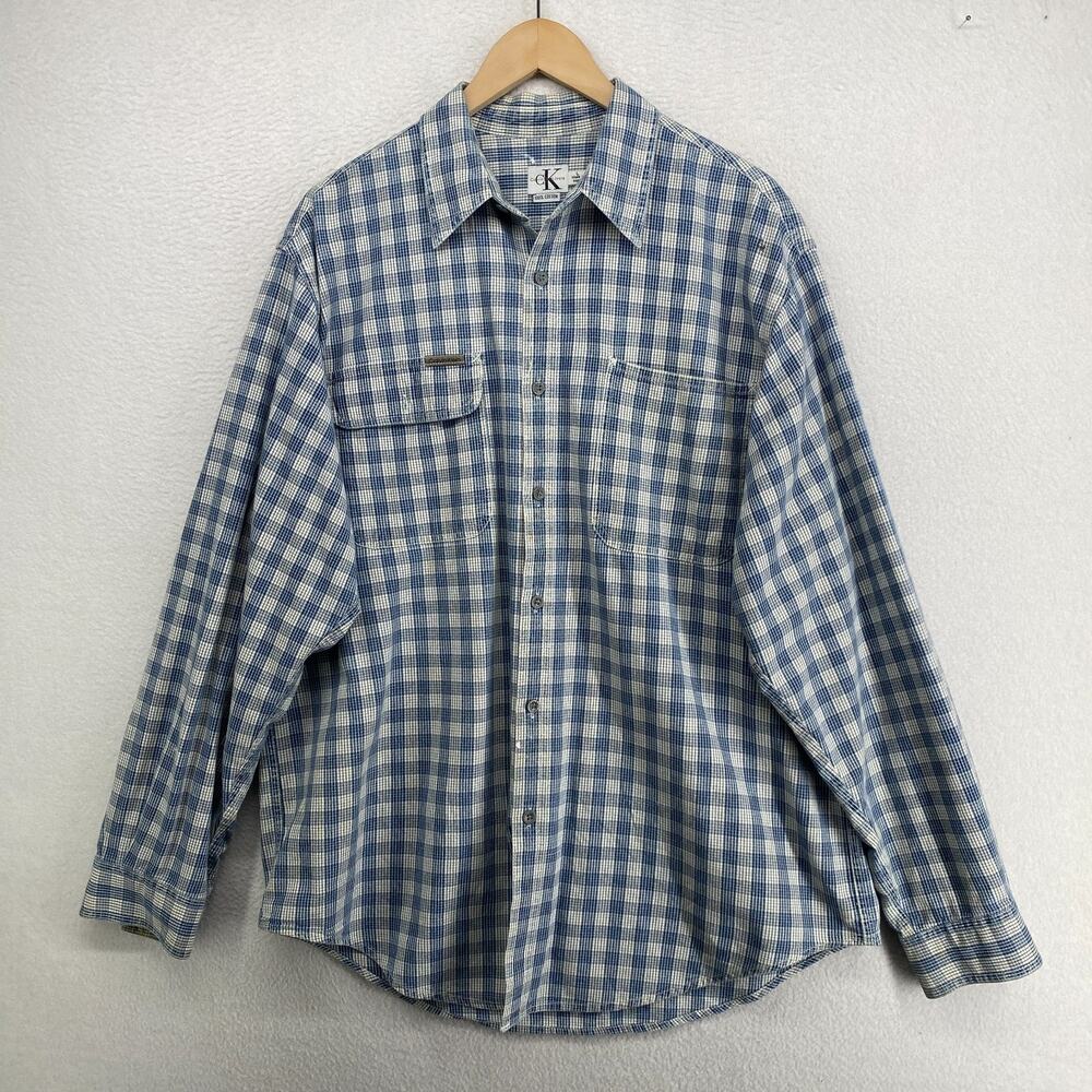 CK CALVIN KLEIN Shirt Mens L Check Utility Button Up Cotton Vintage Y2K Blue